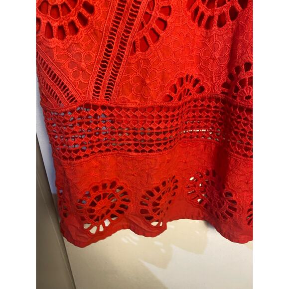 ASOS Design Red Short Sleeve Red Lace Pleated  Paneled Midi Open Back Dress sz 8 - Picture 5 of 7